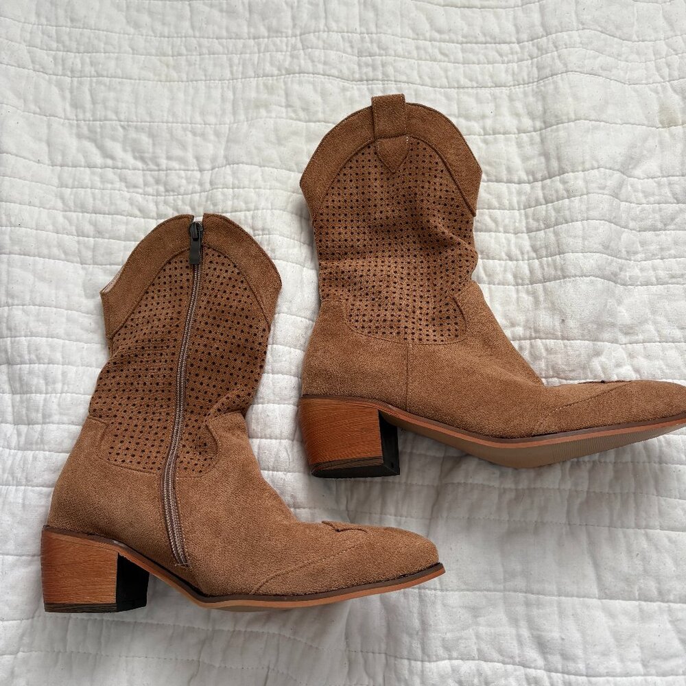 Camel colored calf height cowboy boots